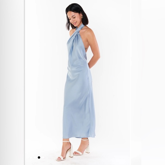Show Me Your Mumu Jasmine Halter Midi Dress Steel Blue Lux Satin Small - Picture 3 of 7